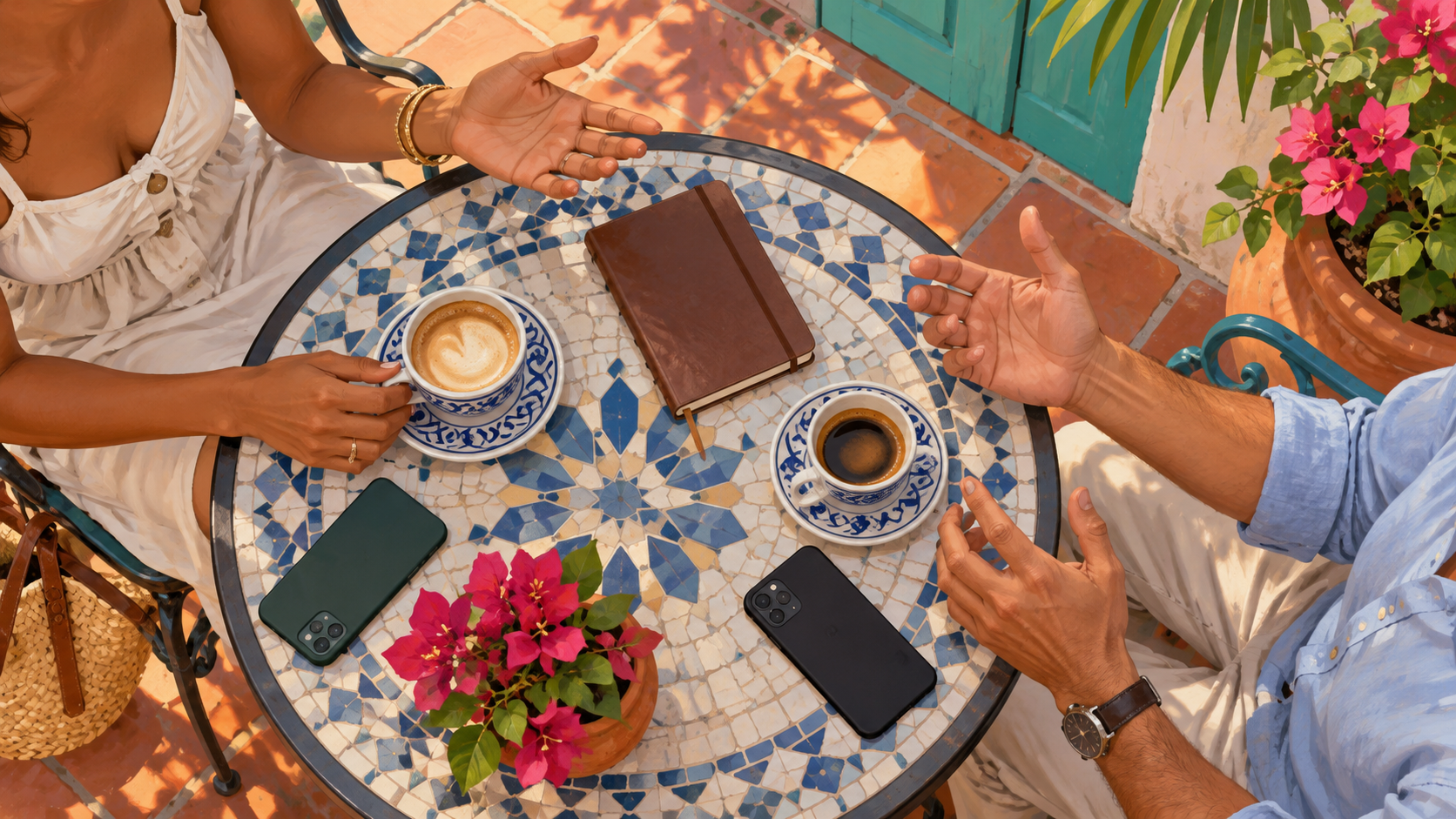 Ilustración de una mesa de café y dos adultos conversando.